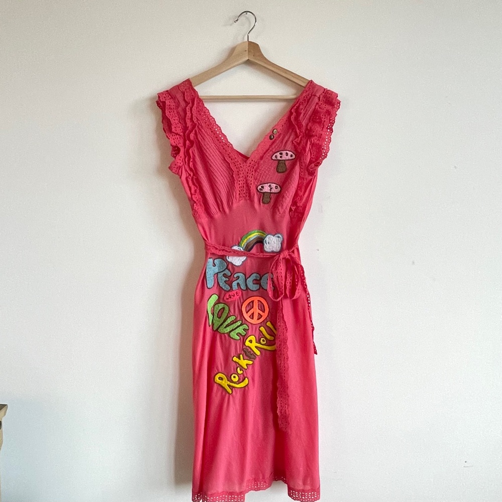 Joystick Embroidered Pink Midi Dress, V-Neck with Laced Trimmings Medium